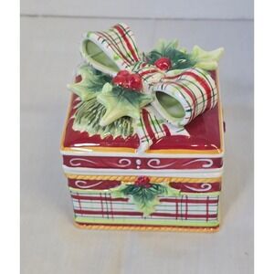 Fitz and Floyd Dear Santa Christmas Gift Box Trinket Candy Dish Holly Berries